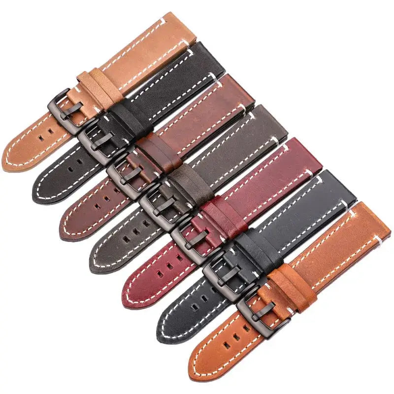 A variety of leather Suunto watch bands in different colors, showcasing durability and stylish design for active users.