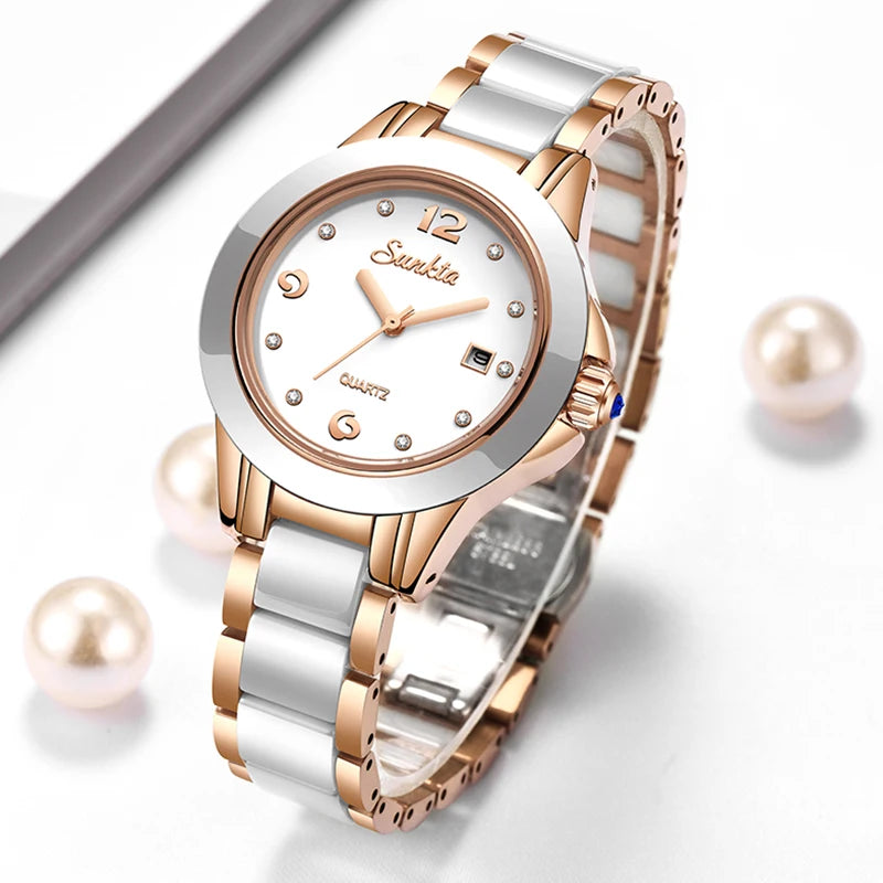 Women's Ceramic Stainless Steel Dress Watch With Date Women's Ceramic Stainless Steel Dress Watch With Date