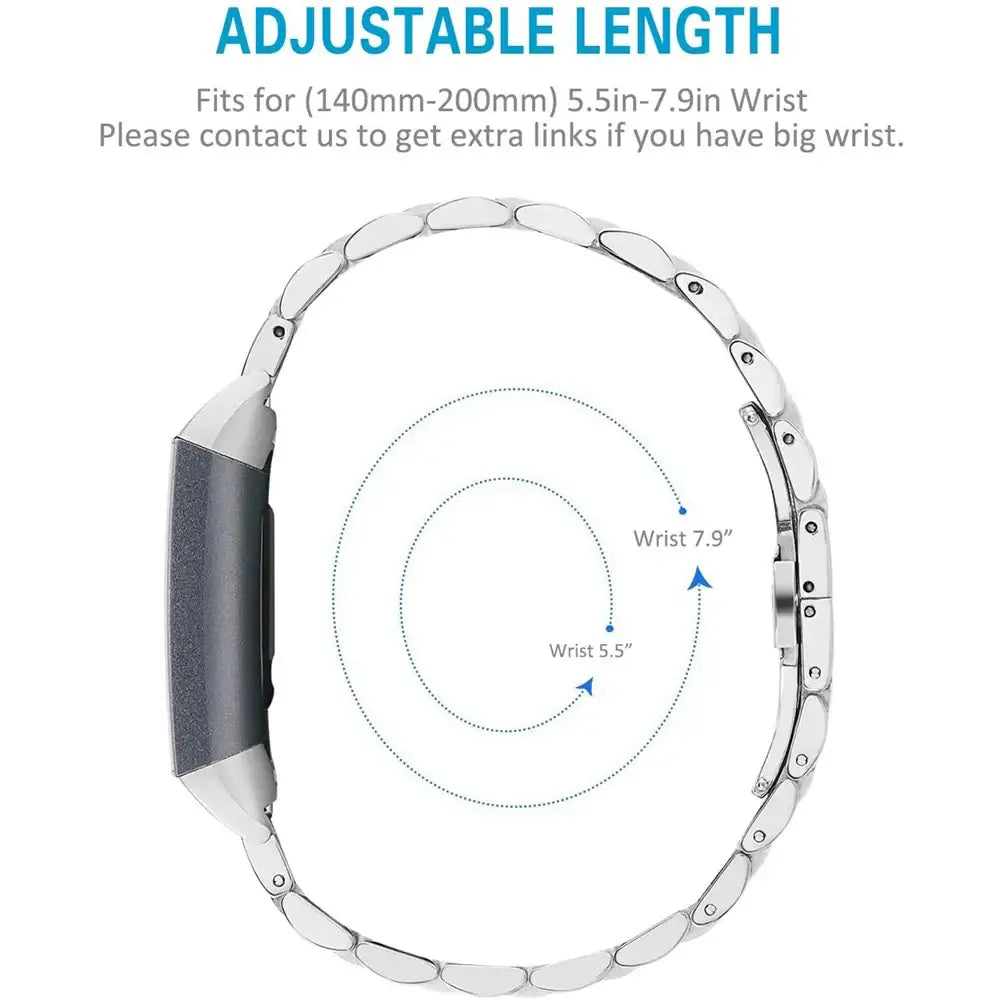 Adjustable metal band for Fitbit, fitting 5.5in to 7.9in wrists, designed for comfort and style.