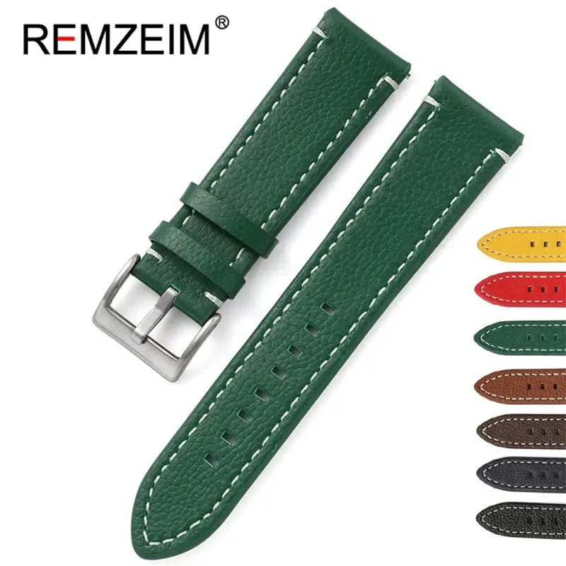 Green leather Ticwatch band with stitching, available in multiple colors for a stylish smartwatch upgrade.
