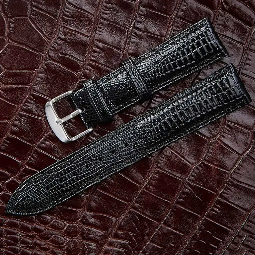 Black leather strap for Ticwatch, showcasing a textured finish and silver buckle on a stylish background.