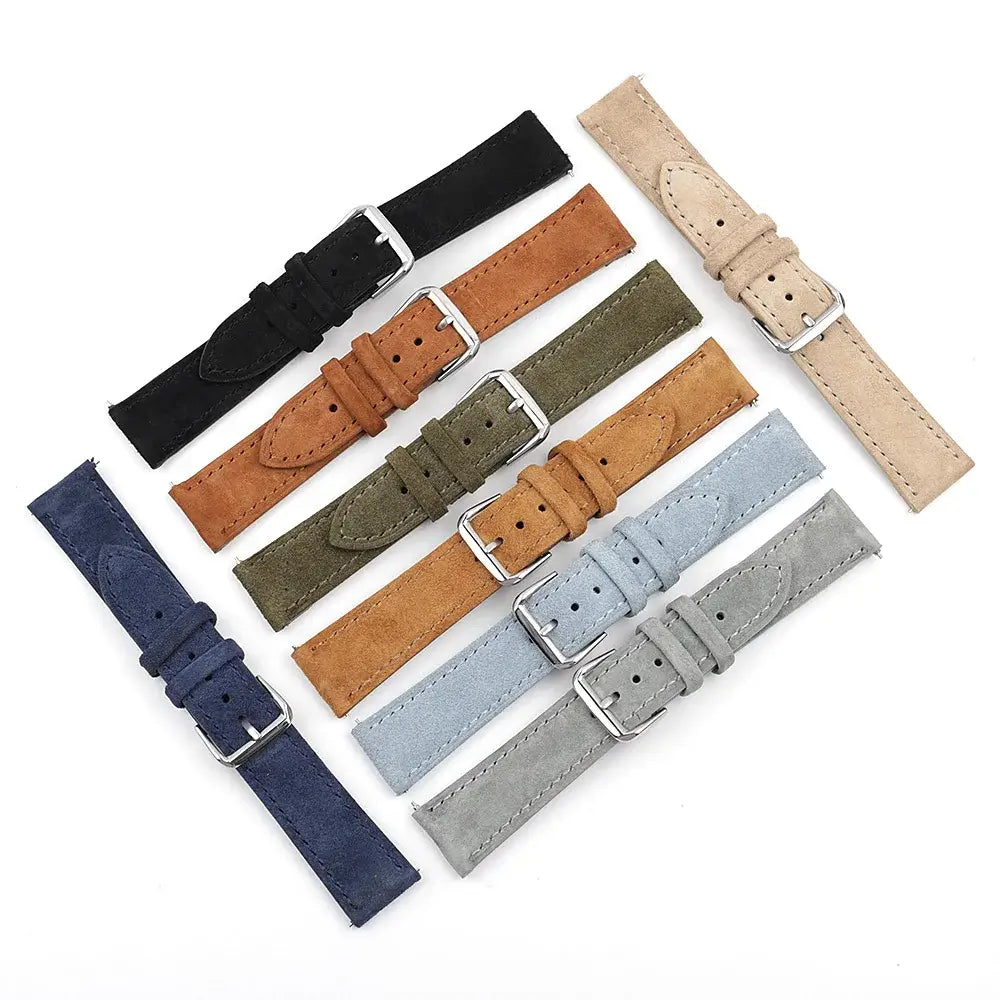 Soft suede leather straps in various colors for Samsung Galaxy Watch, showcasing style and comfort.