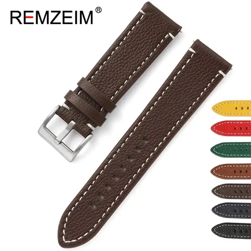 Brown leather Ticwatch band with metal buckle, showcasing a stylish design and durable material in various colors.