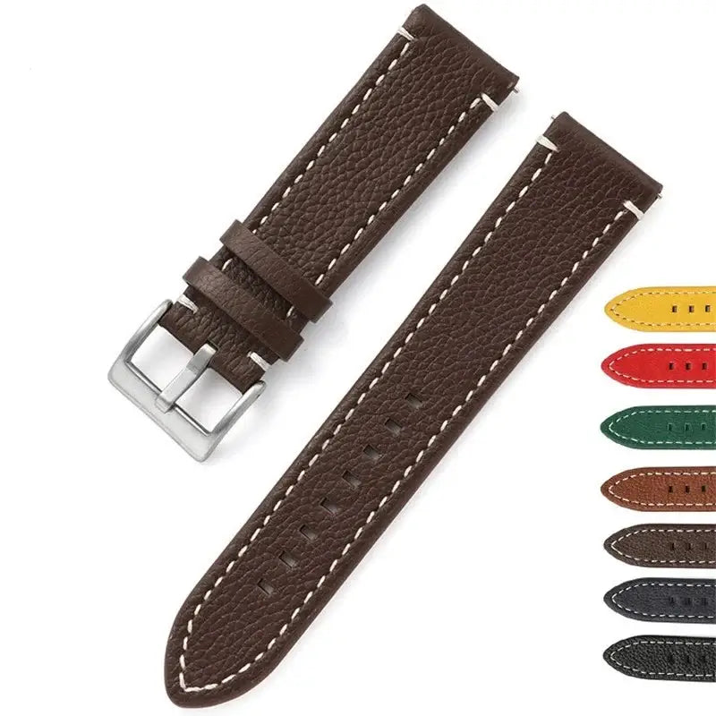 Brown leather Suunto watch band with silver buckle and contrasting stitching, available in multiple colors.