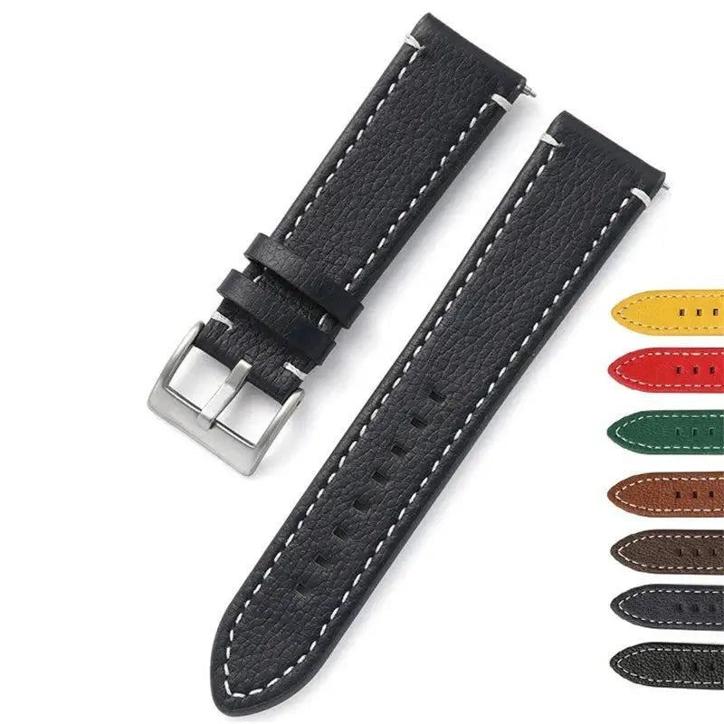 Black leather Suunto watch band with white stitching, alongside a variety of colored options for customization.
