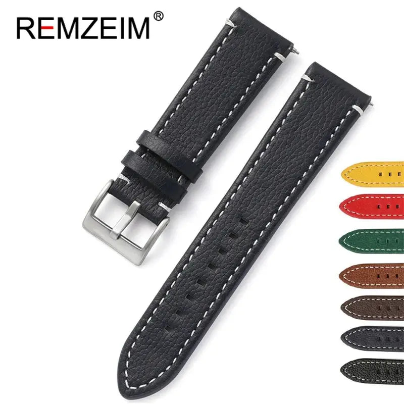 Black leather Ticwatch band with white stitching, showcasing various color options for stylish smartwatch upgrades.