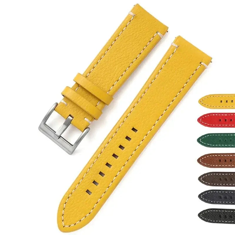 Stylish yellow leather Suunto watch band with silver buckle, showcasing modern design and durability.