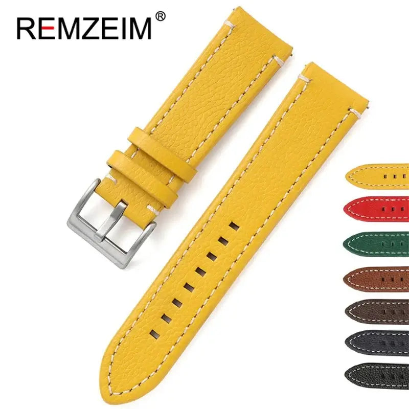 Yellow leather Ticwatch band by Remzeim, perfect for stylish smartwatch upgrades.
