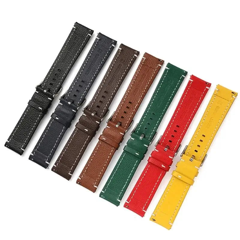 Various leather Ticwatch bands in black, brown, green, red, and yellow for stylish smartwatch customization.