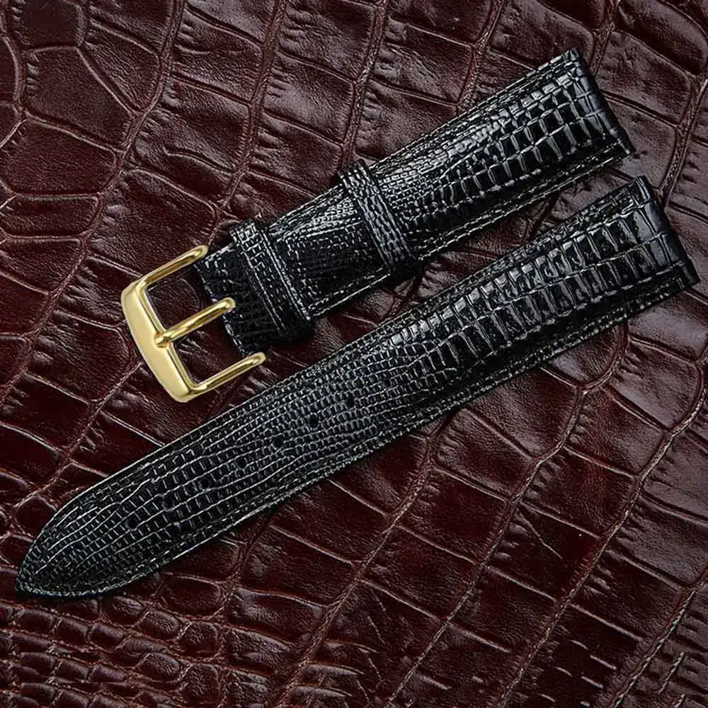 Elegant black leather strap with gold buckle, perfect for Ticwatch Pro and more, ensuring a stylish and adjustable fit.