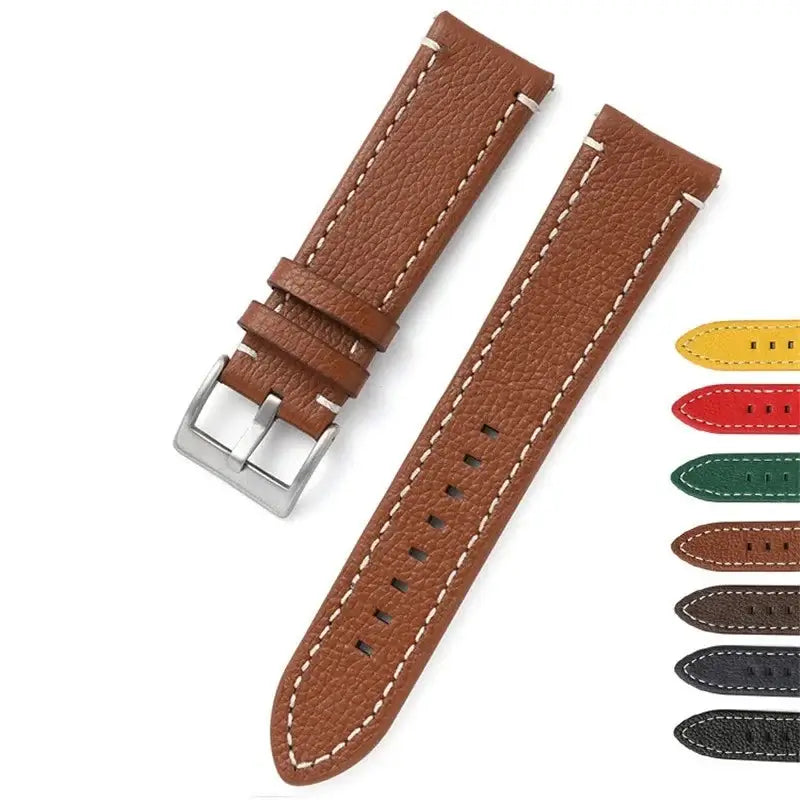 Brown leather Suunto watch band with silver buckle and various color options displayed alongside.