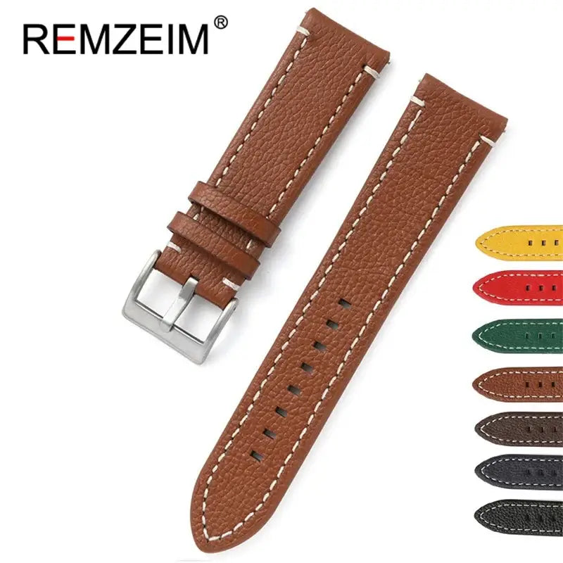 Brown leather Ticwatch band with stitching and silver buckle, available in multiple colors for stylish smartwatch upgrade.