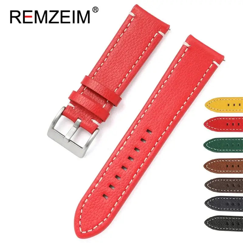 Red leather Ticwatch band with white stitching, available in multiple color options by REMZEIM.