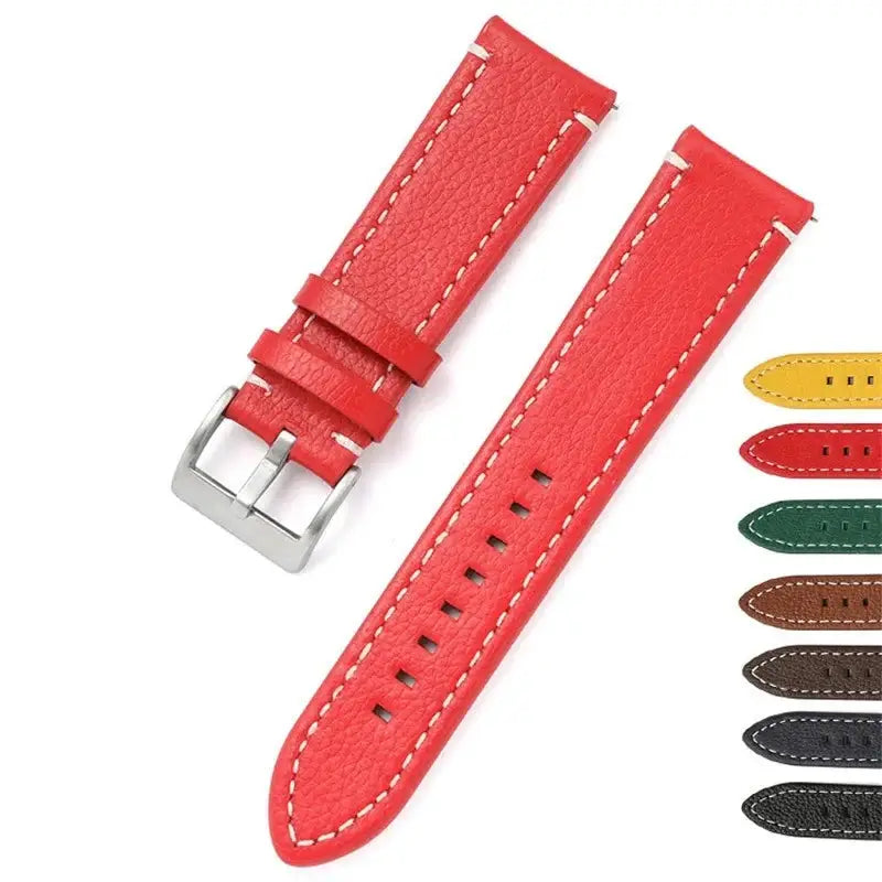 Red leather Suunto watch band with white stitching and silver buckle, showcasing various color options on the side.