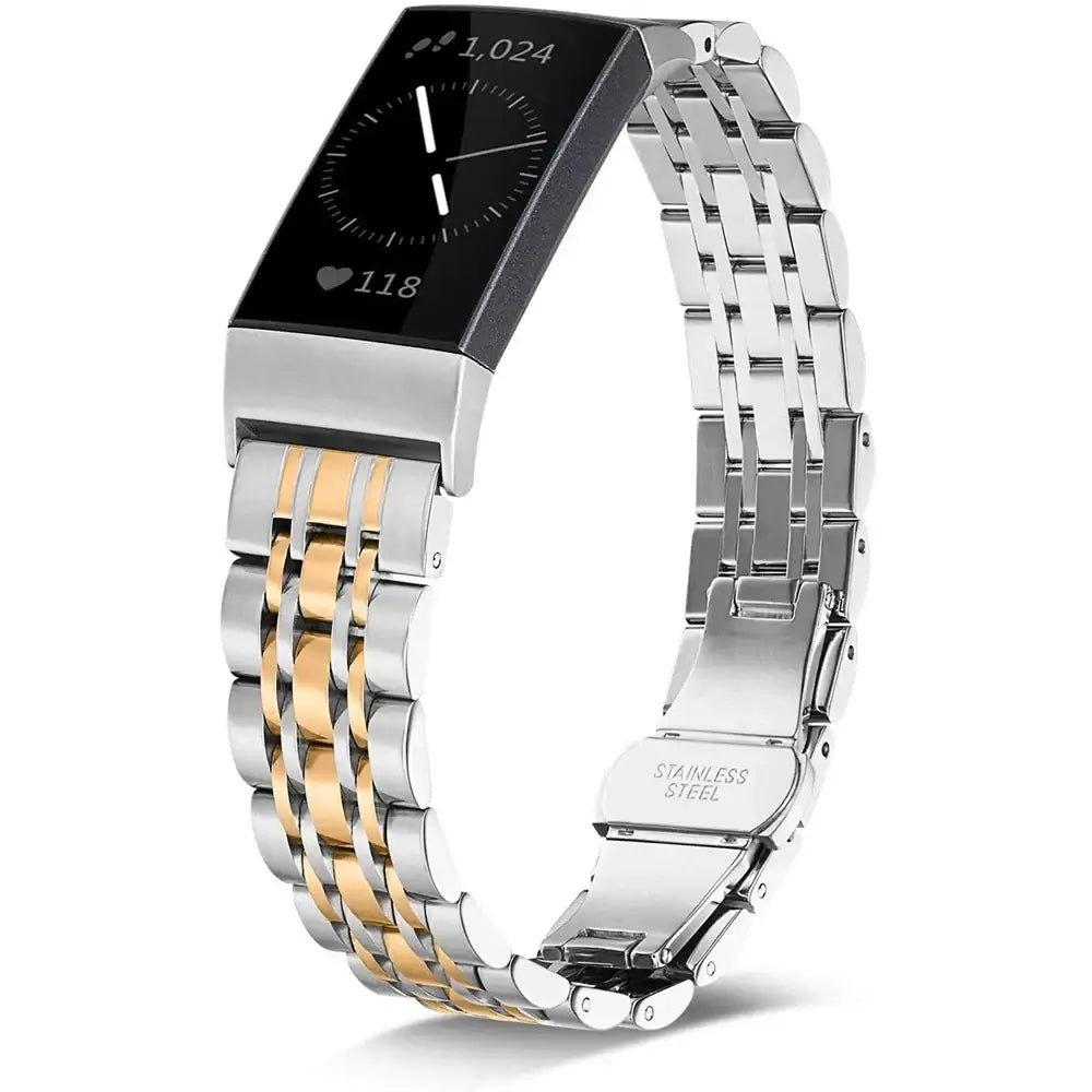 Stylish stainless steel metal band for Fitbit Charge 5, 6, 3, 4, and 2, featuring gold accents and easy installation.