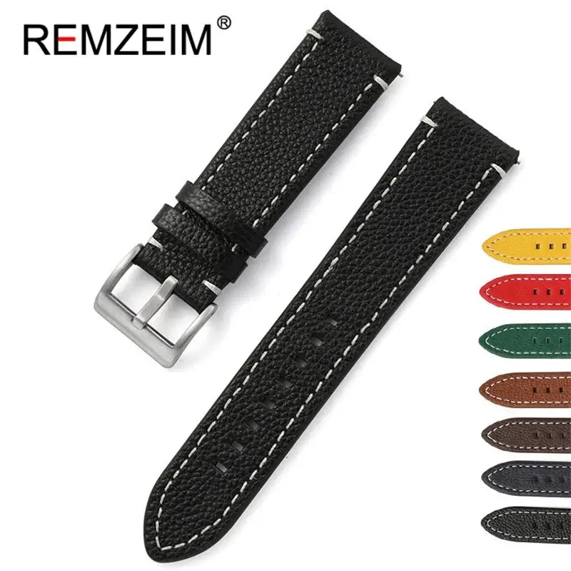 Black leather Ticwatch band with white stitching from REMZEIM, perfect for stylish smartwatch upgrades.