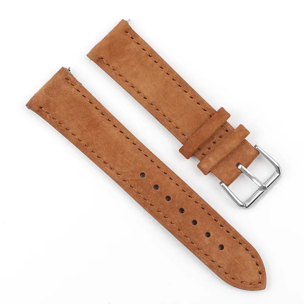 Soft suede leather strap for Samsung Galaxy Watch, 20mm with polished silver buckle, stylish and comfortable design.