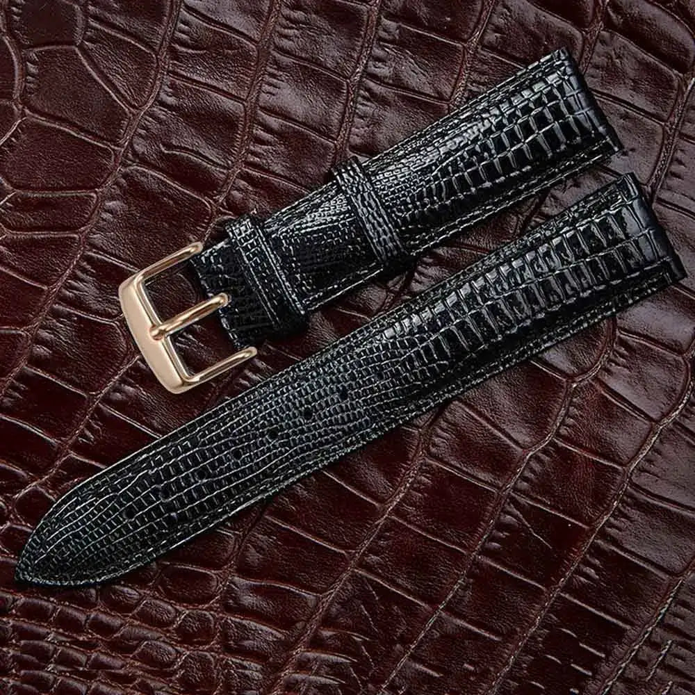 Black leather strap for Ticwatch with gold buckle, perfect for adjustable comfort and style.