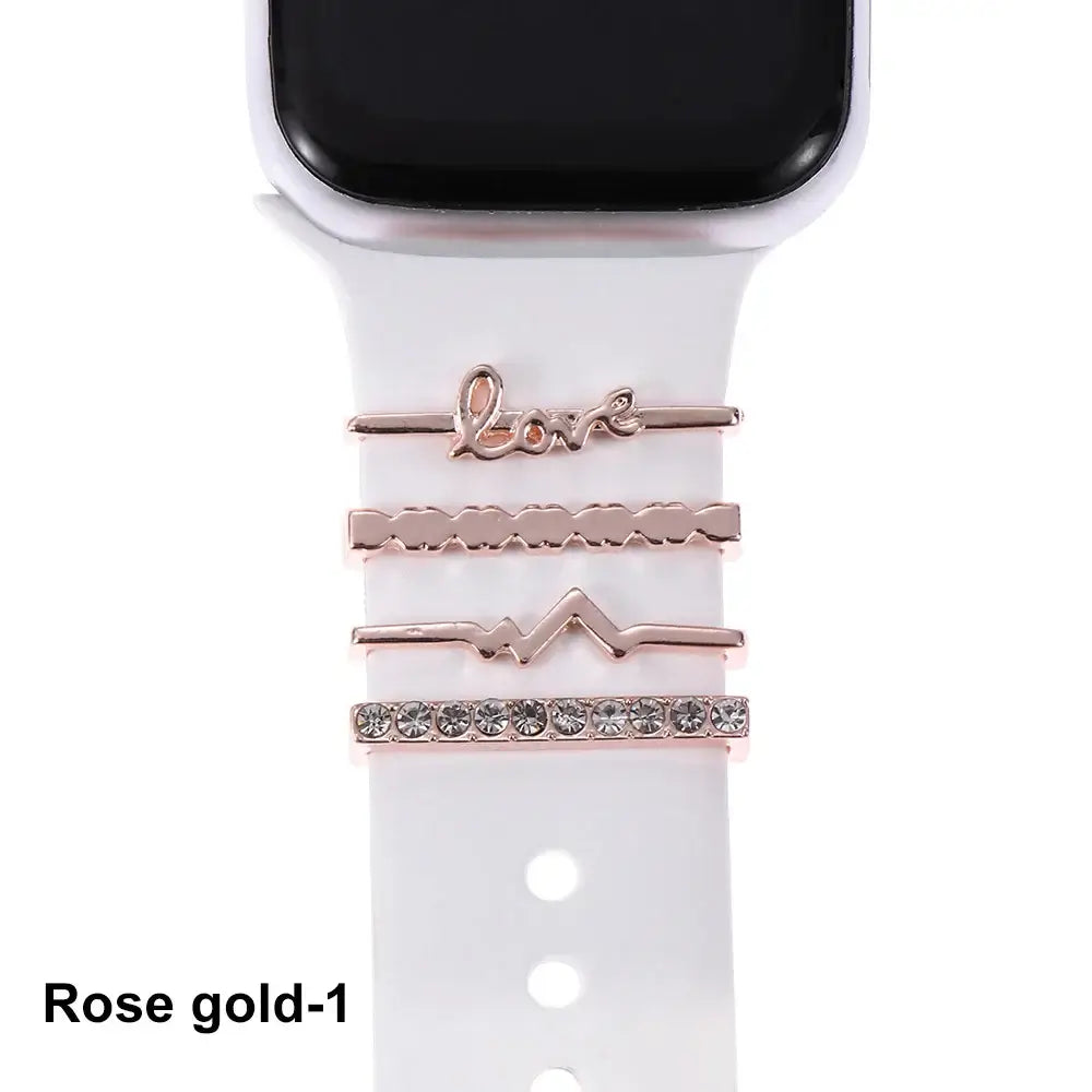 Decorative rose gold metal charms for Apple Watch bands, adding elegance and sophistication to your smartwatch.