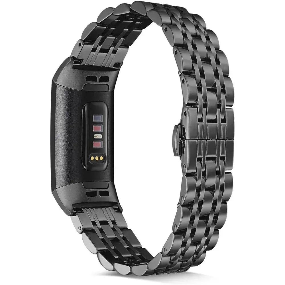 Black metal band for Fitbit Charge 2, 3, 4, 5, and 6, showcasing stylish design and durable craftsmanship.