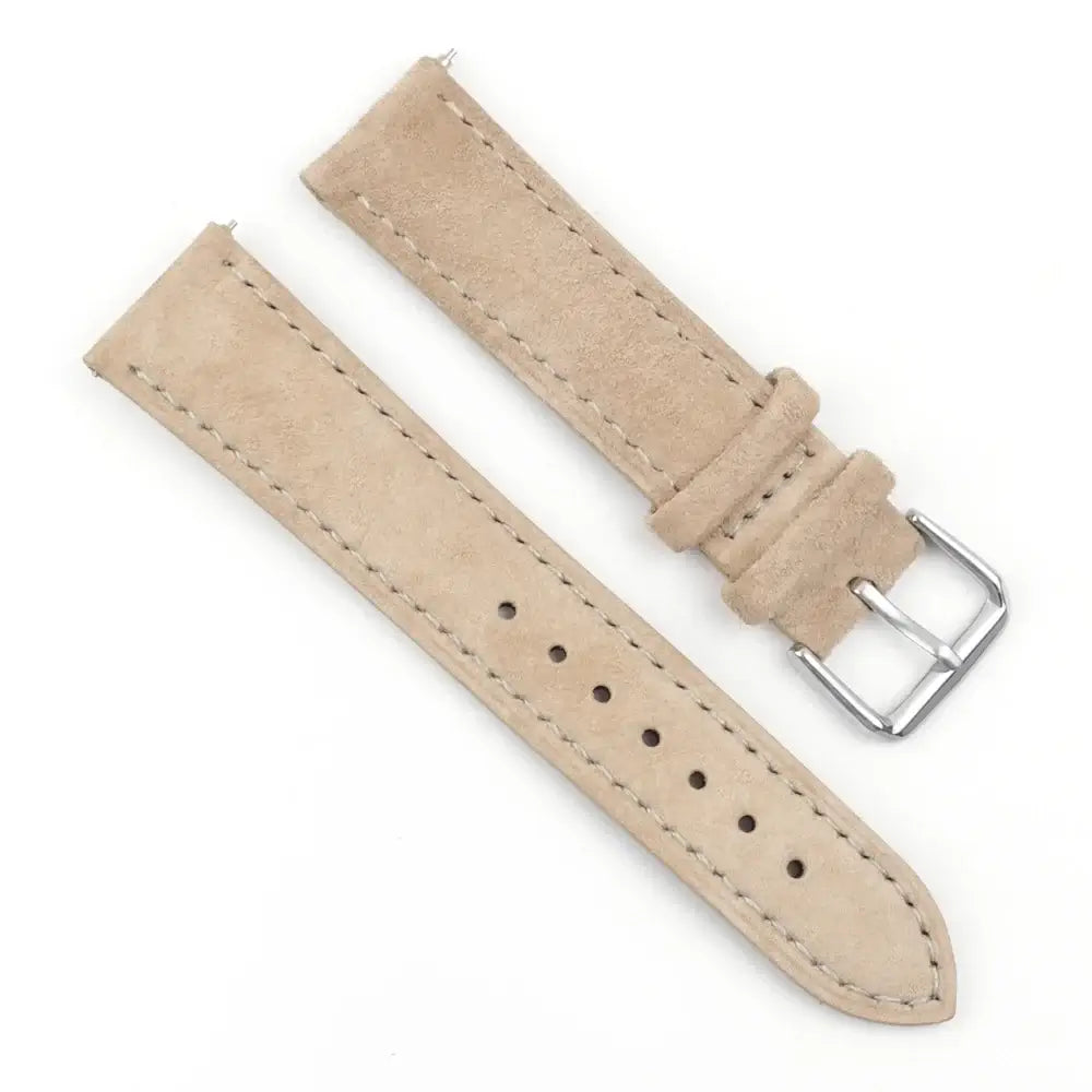 Soft suede leather strap in beige for Samsung Galaxy Watch, features adjustable buckle and classic elegance.