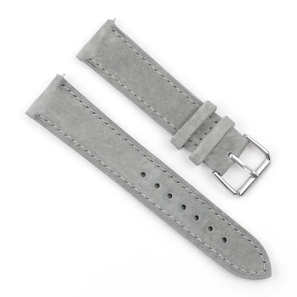Soft suede leather watch strap in gray for Samsung Galaxy Watch, featuring a silver buckle and classic stitching.