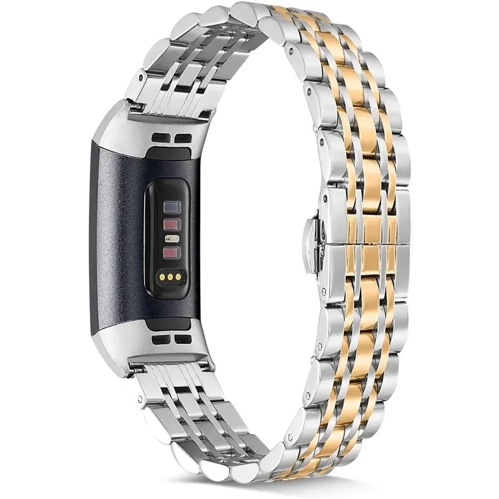 Stylish metal band for Fitbit Charge 5-6, 3-4, 2 with silver and gold accents, offering comfort and durability.