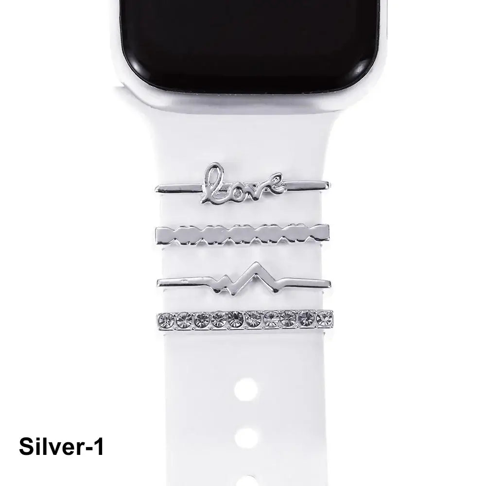 Decorative silver charms for Apple Watch bands, featuring stylish "love" and elegant designs for a chic look.