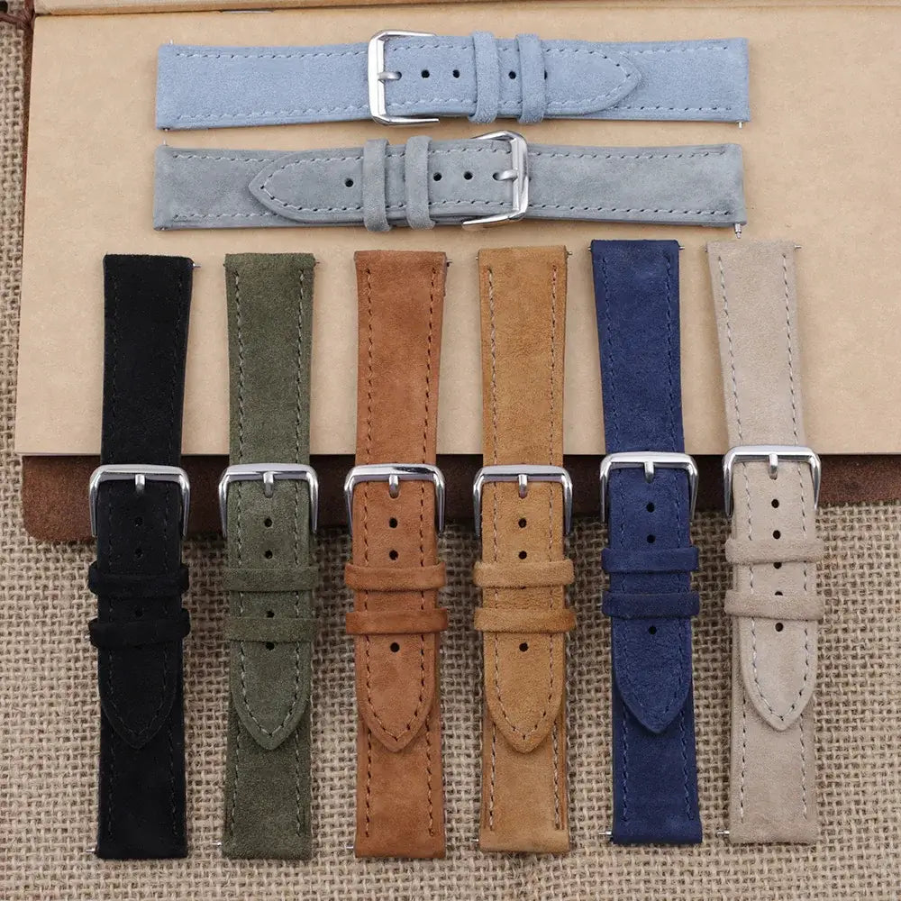 Soft suede leather straps for Samsung Galaxy Watch in various colors, showcasing style and comfort.
