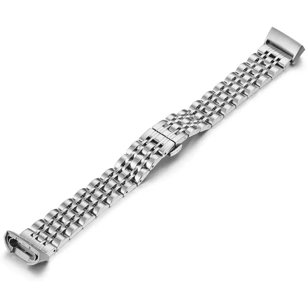 Sleek silver metal band for Fitbit Charge 2, 3, 4, 5, and 6, designed for style, comfort, and easy installation.