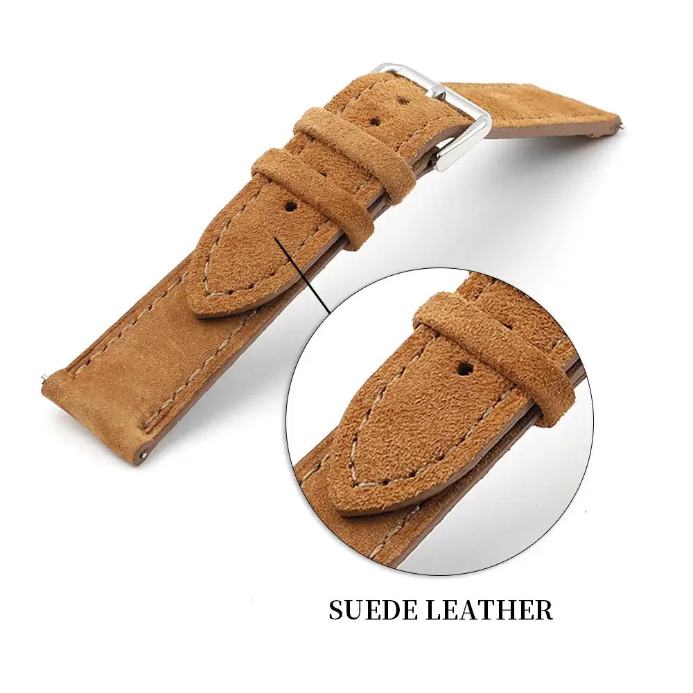 Soft suede leather strap for Samsung Galaxy Watch with stylish design and durable buckle. Perfect for personalization.