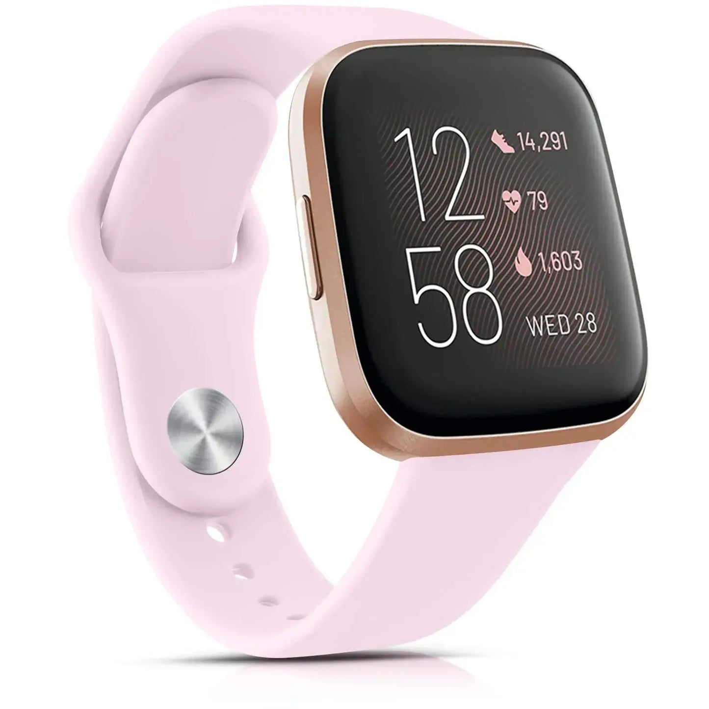 Stylish pink silicone band for Fitbit Versa, enhancing the smartwatch's sleek design and personalization options.