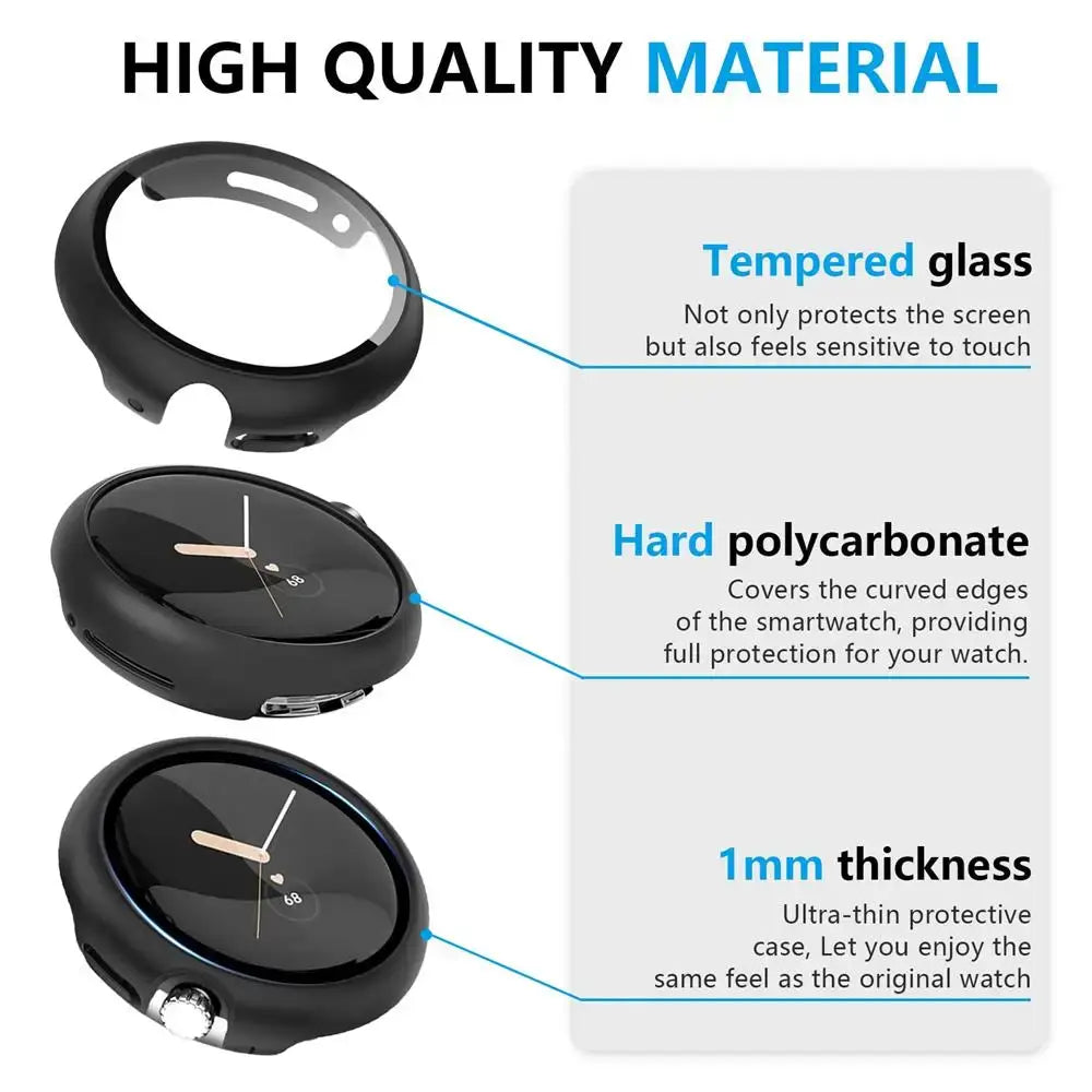 Protective case features tempered glass and hard polycarbonate for Google Pixel watches, offering full protection and thin design.