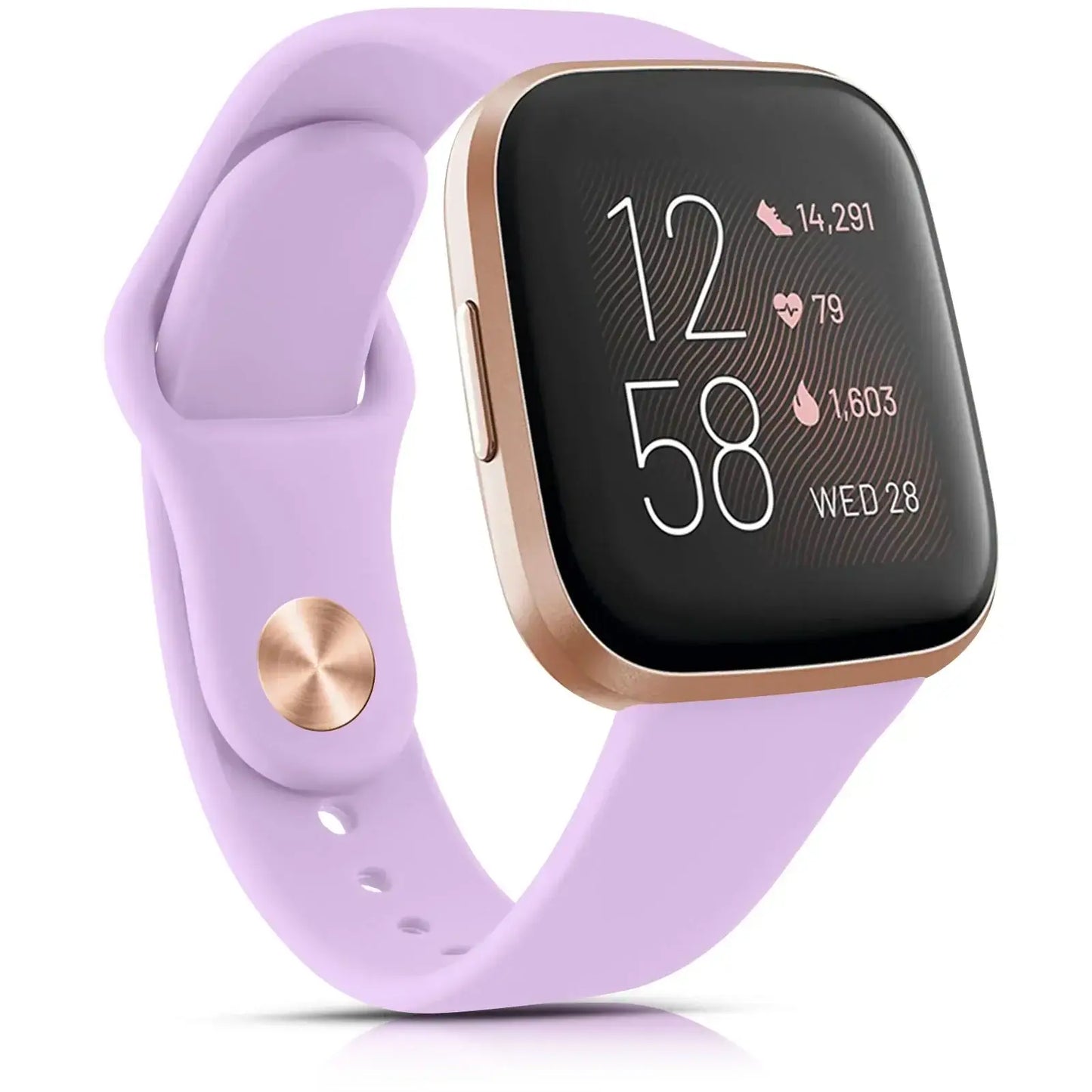 Stylish silicone Fitbit Versa band in lavender color, featuring a sleek smartwatch display showing time and fitness stats.