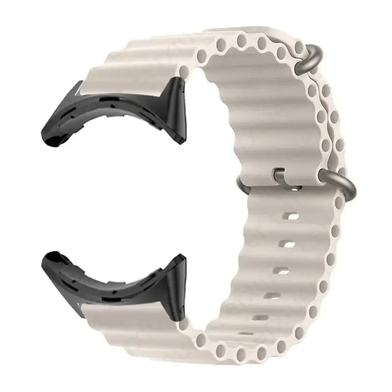 Silicone strap for Google Pixel Watches in cream color, showcasing durability and stylish design.