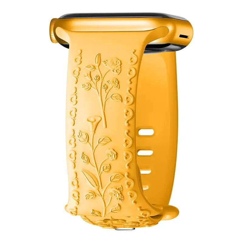 Stylish yellow flower engraved strap for Apple Watch, merging elegance with durability for daily wear.