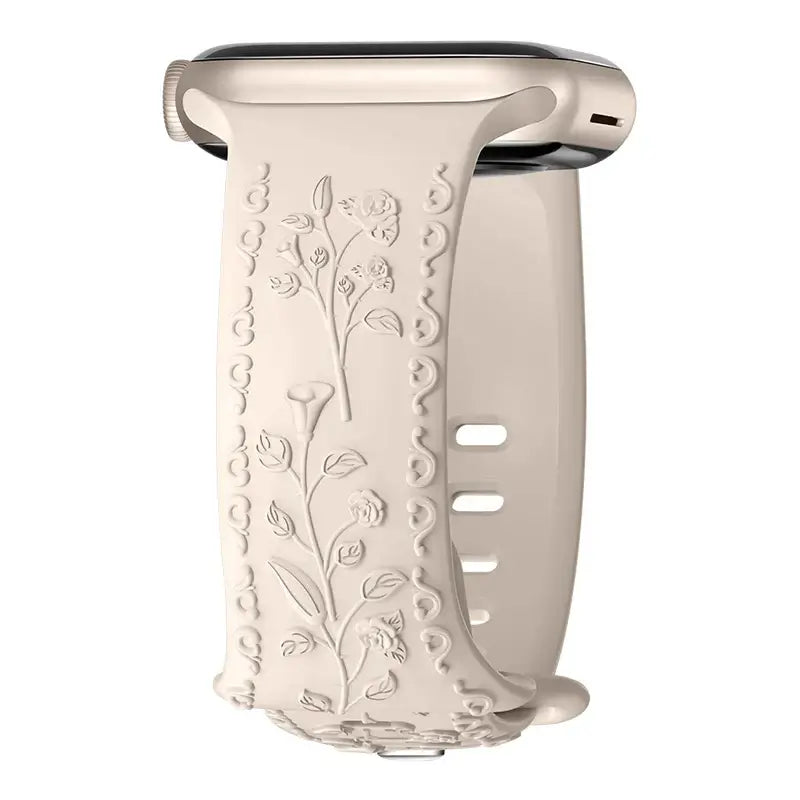 Flower engraved Apple Watch band, stylish and durable, perfect for enhancing your smartwatch look.