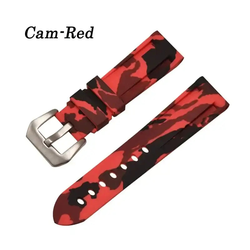 Stylish Cam-Red silicone watch band for Huawei, featuring bold camouflage design and a durable metal buckle.