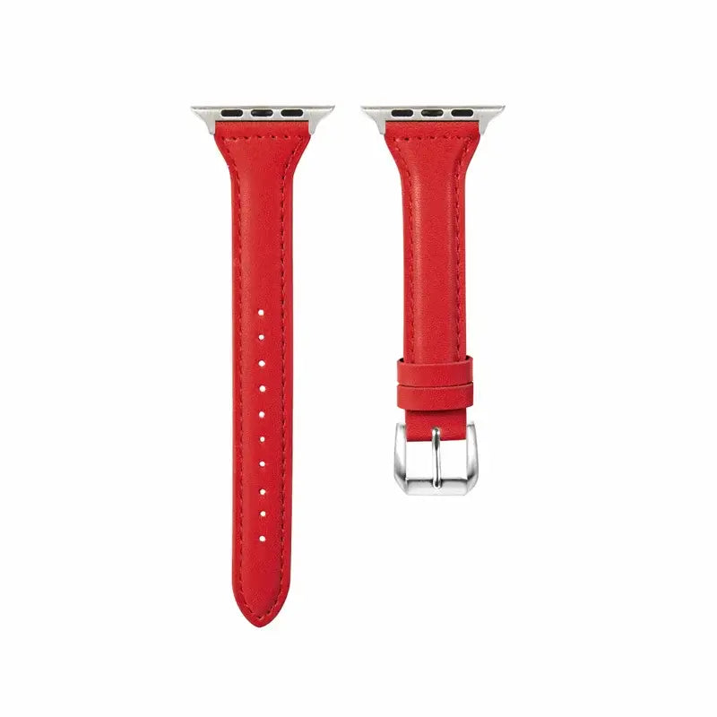 Slim red leather strap for Apple Watch, featuring a sleek design and premium quality for a stylish upgrade.