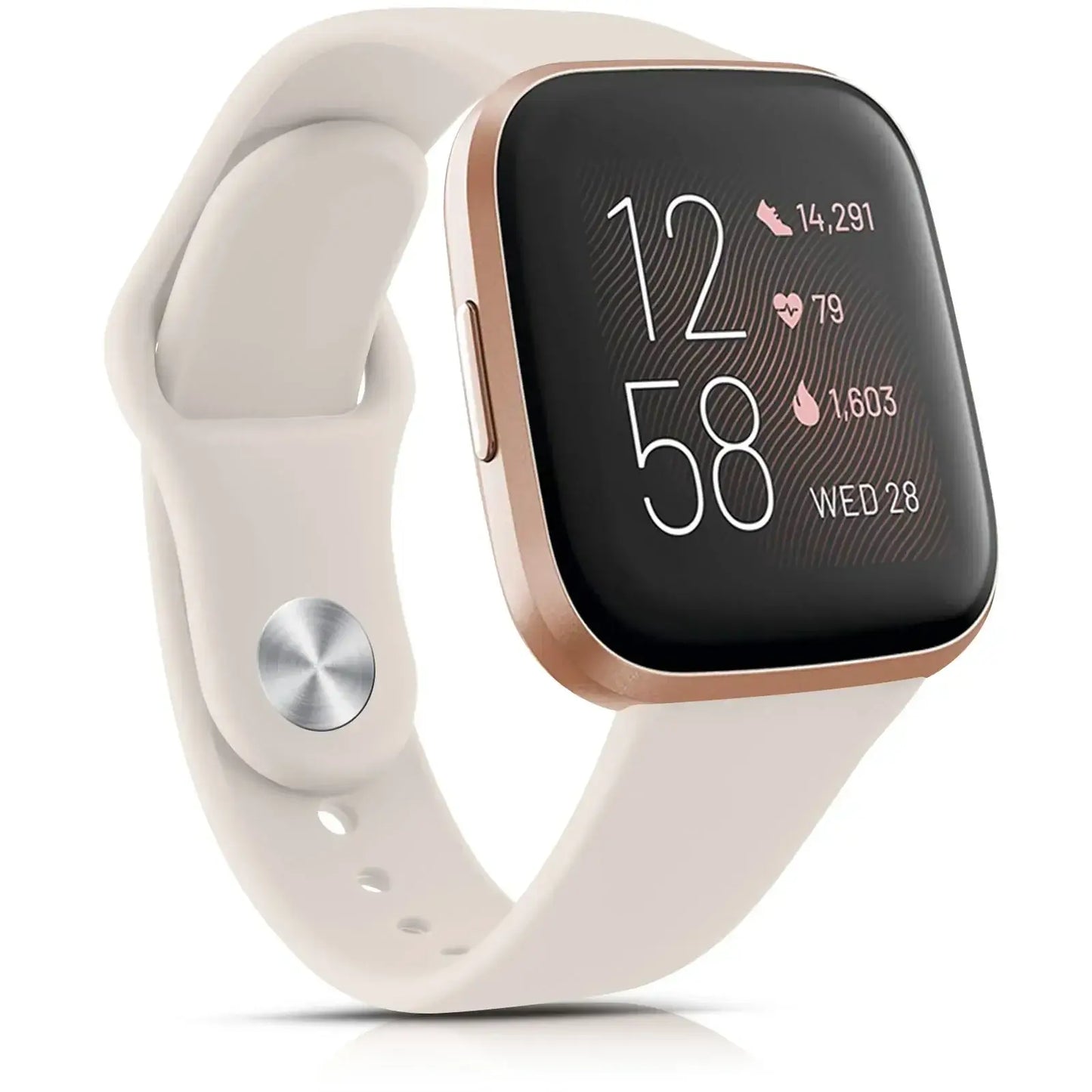 Stylish Fitbit Versa with a sleek design and light-colored silicone band, displaying time and health stats.