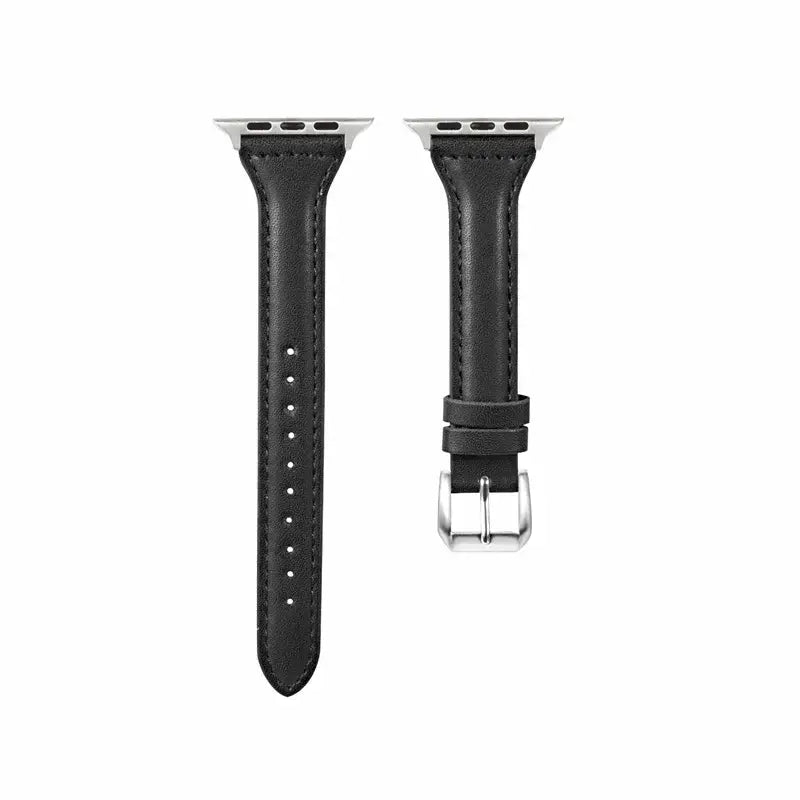 Slim black leather straps for Apple Watch, designed for sophistication and durability, perfect for style-savvy individuals.