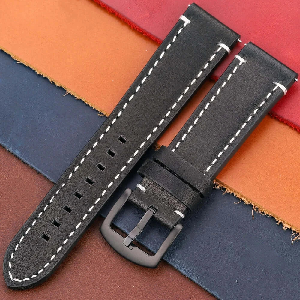 Durable black leather Suunto watch band with white stitching, perfect for active lifestyles and stylish look.