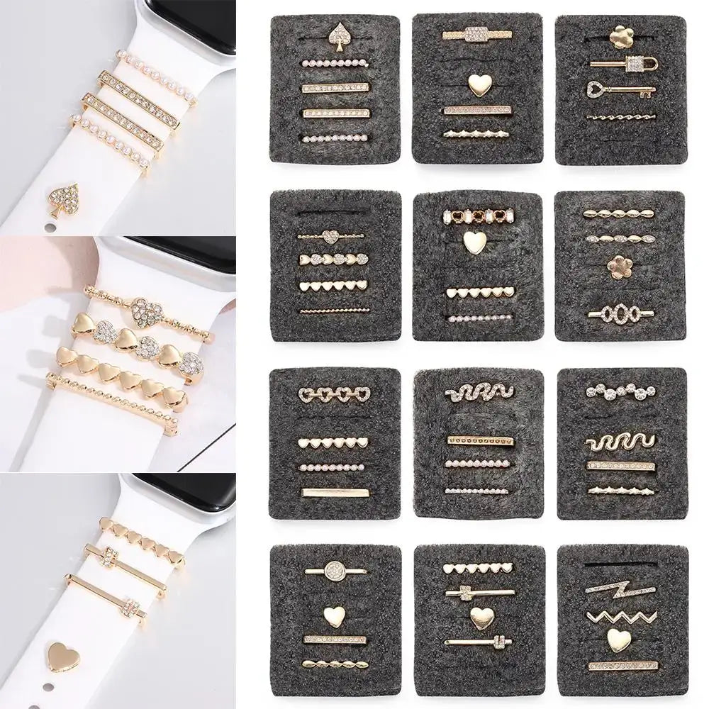 Decorative metal charms for Apple Watch bands featuring various designs and styles, enhancing personalization and flair.
