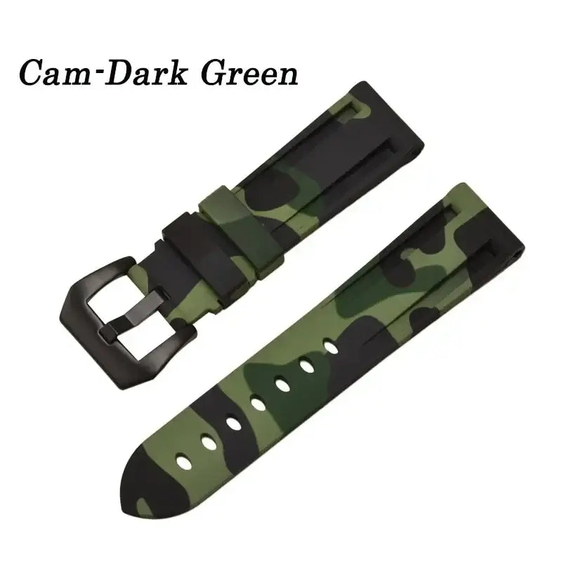 Camouflage dark green silicone watch band with black buckle, perfect for stylish outdoor enthusiasts.