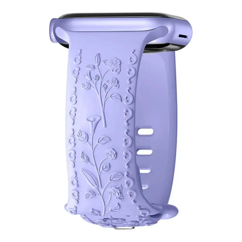 Flower engraved lavender Apple Watch band, stylish, durable, and perfect for enhancing any outfit.