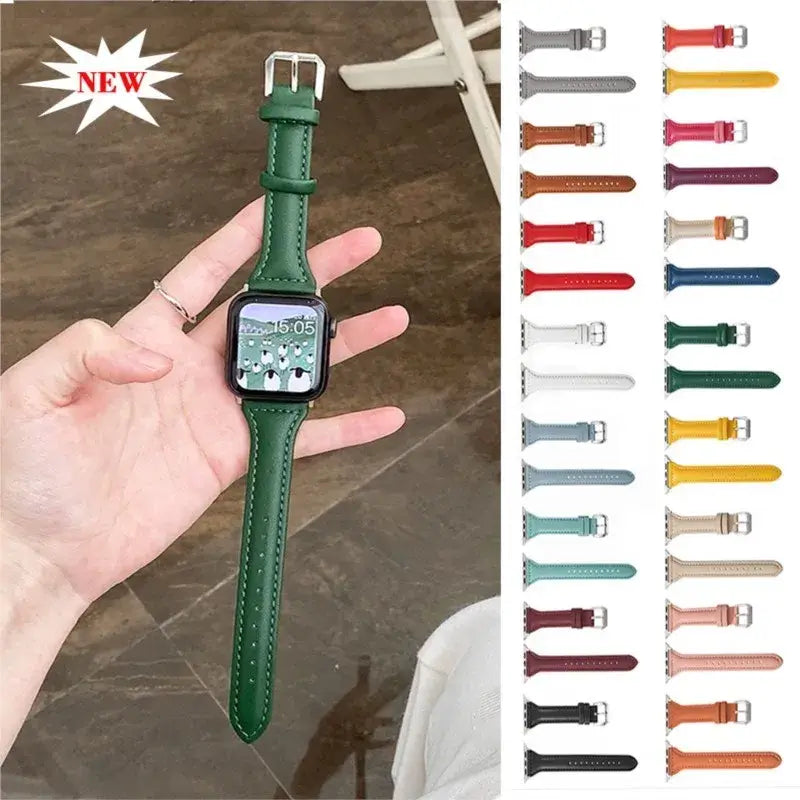 Slim green leather strap for Apple Watch showcased on a hand, featuring various color options on the side.
