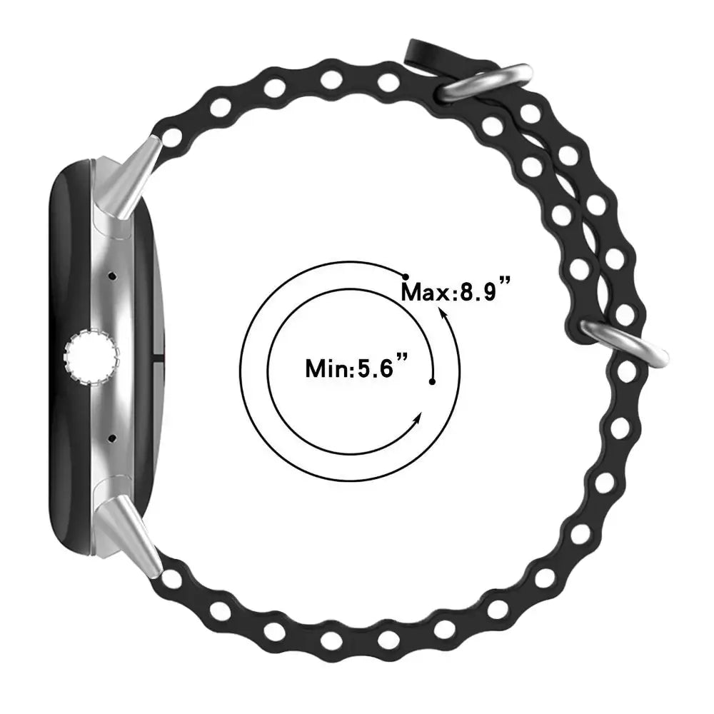 Silicone strap for Google Pixel Watches showing adjustable size range from 5.6 to 8.9 inches for a perfect fit.