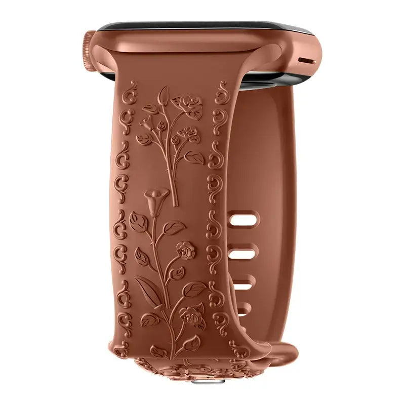 Flower engraved Apple Watch band in a stylish brown color, showcasing elegance and durability for daily wear.
