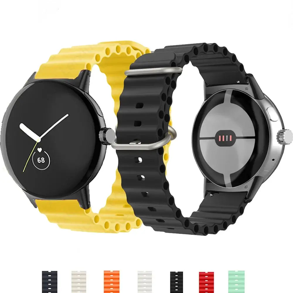 Google Pixel Watch with silicone bands in yellow and black, showcasing durability and style for everyday wear.