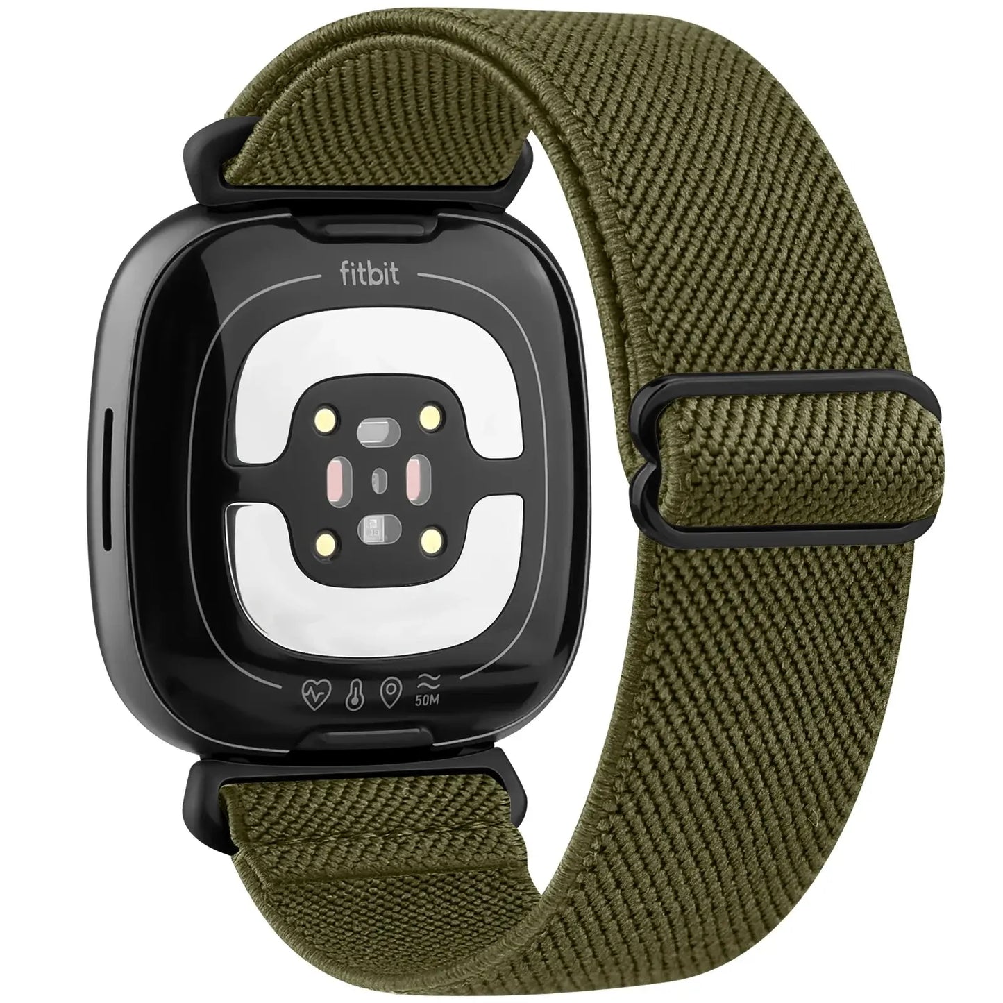 Stylish nylon band in olive green for Fitbit Versa and Sense, enhancing comfort and aesthetics.